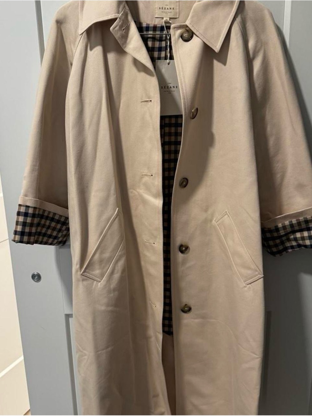 Sézane Ecru Cream Trench Coat with Checked Lining Size 34